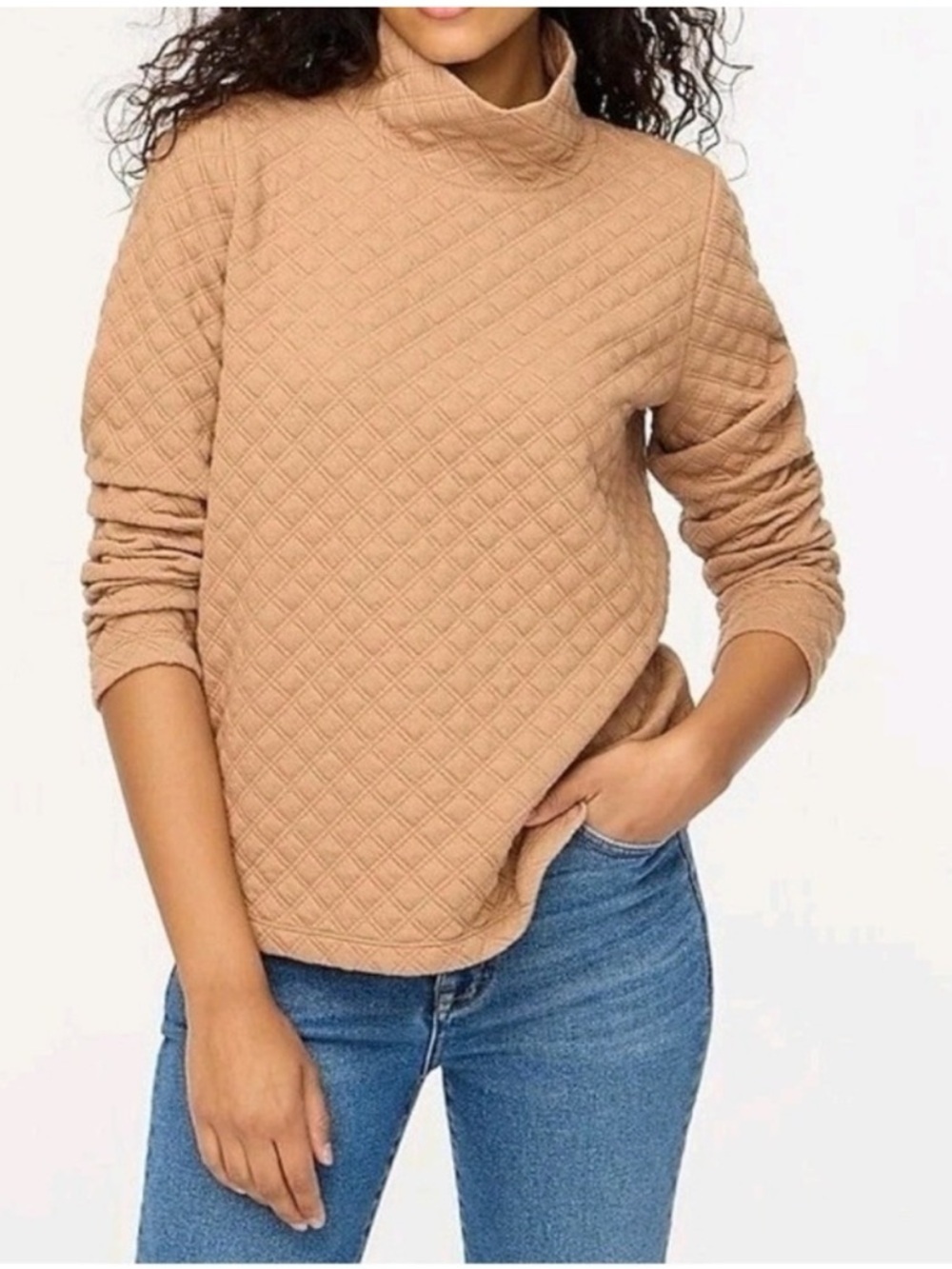 J. Crew Quilted Mock Neck Sweatshirt Medium Camel Tan Long Sleeve Pullover